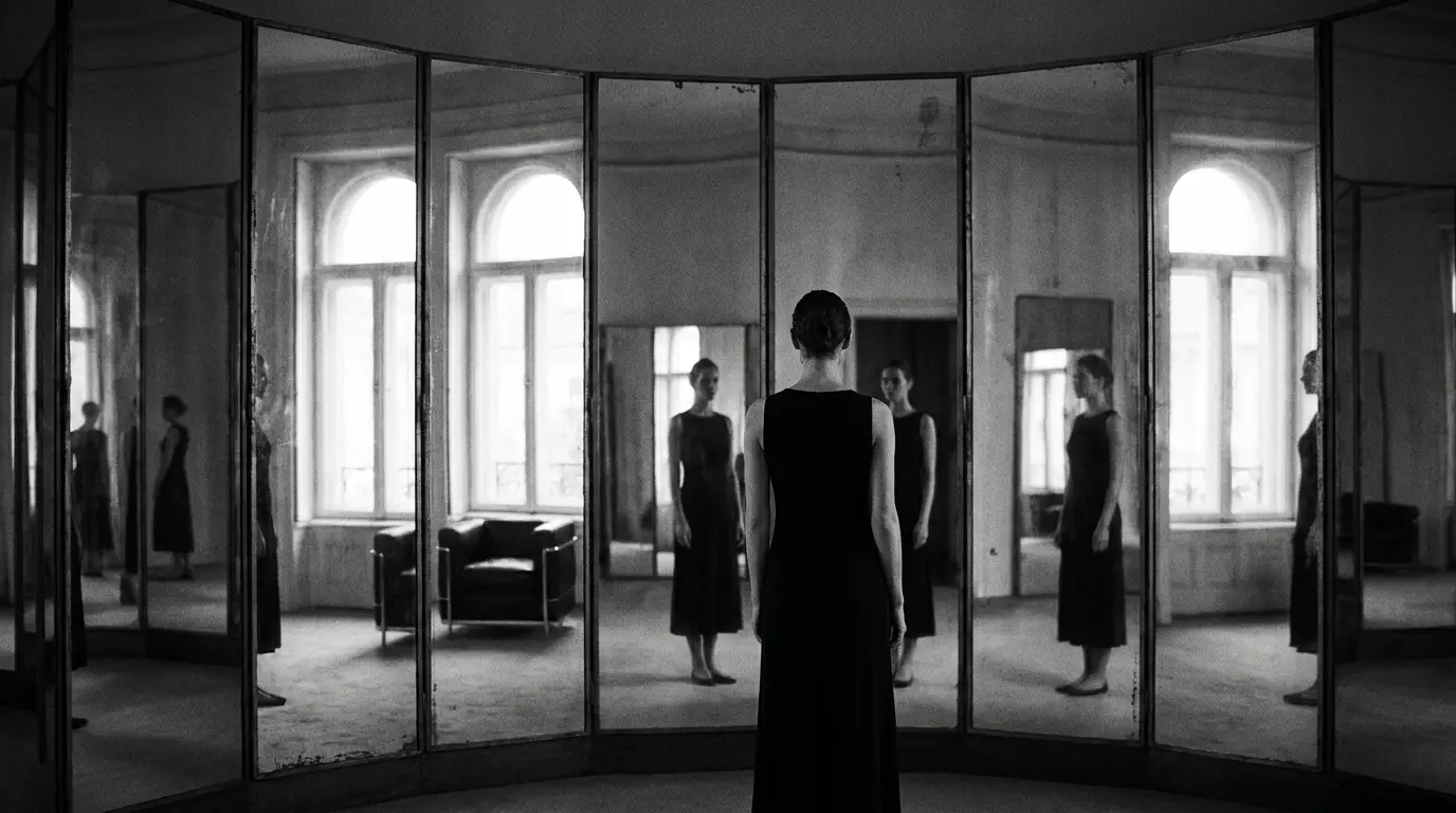 Black and white photograph of a single female figure standing in a circular chamber of tall vintage mirrors, her reflection multiplied at slightly different angles in each panel, suggesting one subject read into many partial versions of itself.